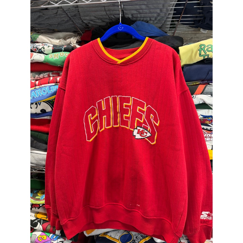 Vintage Starter Kansas City Chiefs Ribbed Sweatshirt Mens Large Red NFL V-Neck